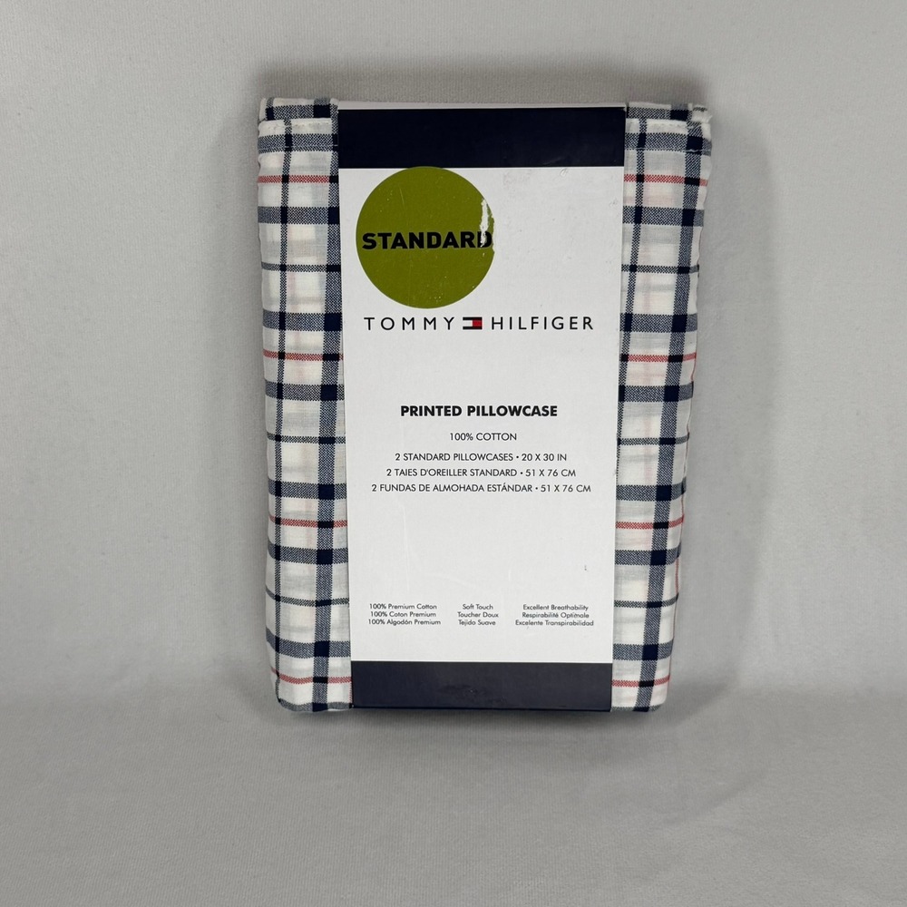 Tommy Hilfiger Plaid Printed Pillowcase Set of 2 Standard Cotton Navy White Red